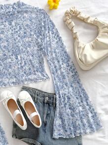 Soleia 女用全身印花立領喇叭袖上衣 - 藍白色 - 查看 8