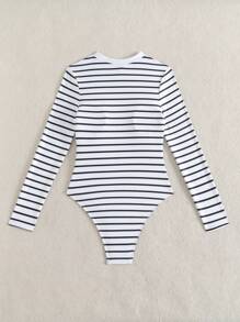 Swim SPRTY 1pc Striped Long Sleeve Beach Swimsuit For Summer Beach Vacation - Black and White - View 7