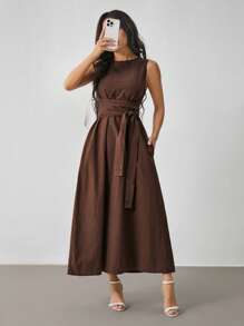 SHEIN PETITE Váy quấn không tay đơn giản màu trơn dành cho nữ, mặc thường ngày - màu nâu - Xem 4