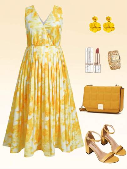 Ellevyn 加大码优雅女式印花V领褶皱奶油黄色连衣裙，女士夏季服装，毕业礼服，女士婚礼宾客礼服，女士太阳裙，女士优雅连衣裙，度假，女士黄色连衣裙，花裙