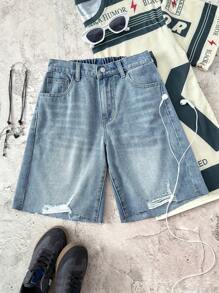 SHEIN Teen Girl Y2K Retro Washed Low Rised Distressed Ripped Frayed Edge Denim Jeans Long Shorts, Spring Summer Vacation Beach Boho Fashion, Summer Rave Concert Festival - Light Wash - View 1