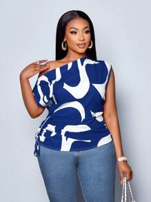 SOLERSUN Women's Plus Size Geometric Printed Asymmetrical Shoulder Drawstring Ruched Side Blouse, Random Print,One Shoulder Top - Navy Blue - View 7