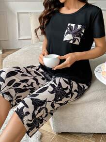 Floral Print Pouch Pocket Short Sleeve & Capri Pants Set - Multicolor - View 4