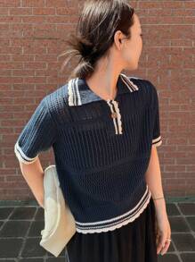 FRIFUL Navy Blue Women's Knit Pullover, Contrasting Trim, Spring/Summer Sundress - Navy Blue - View 4