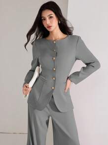Heiryn Women's Solid Color Button Front Long Sleeve Blouse And Trouser Suit Set, Minimalist 2 Pieces Set In Fall/Winter - Grey - View 2