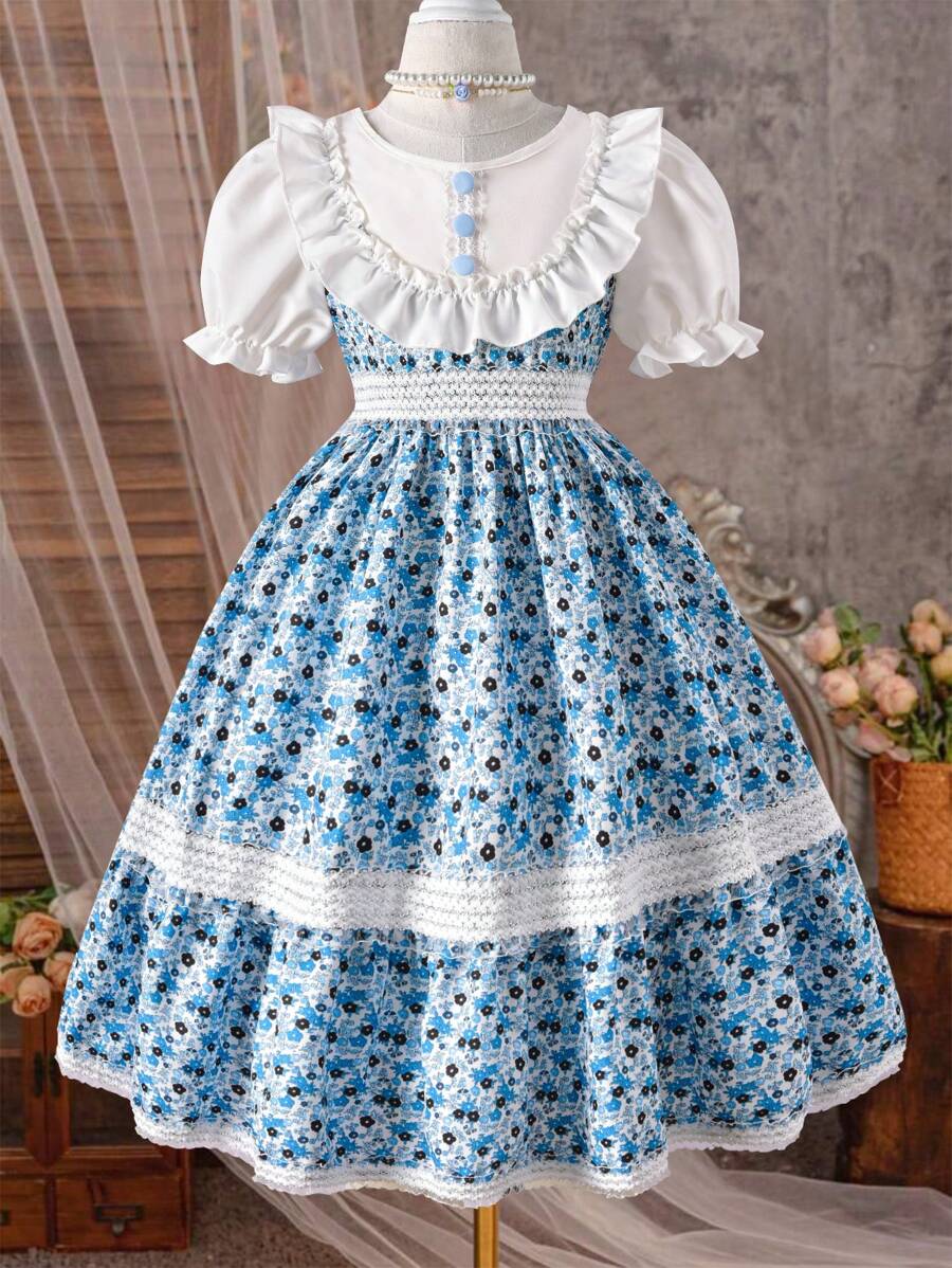 1pc Tween Girls Ruffle Trim Ditsy Floral Patchwork Crochet Hem Vacation Dress - Blue - View 1