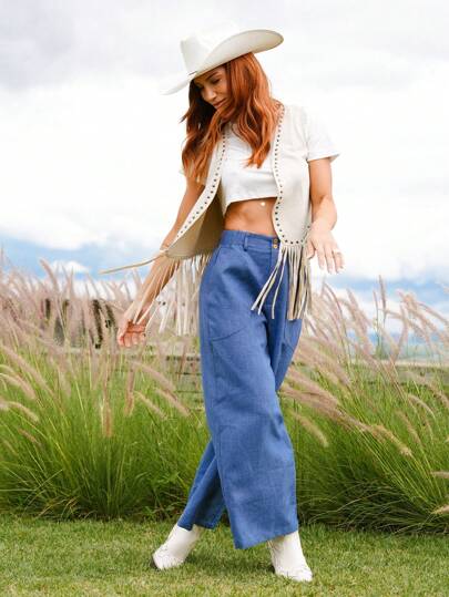 SHEIN LUNE Conjunto de ropa bohemia y de rave para mujer, top sin mangas de ante con flecos estilo vintage western, para verano