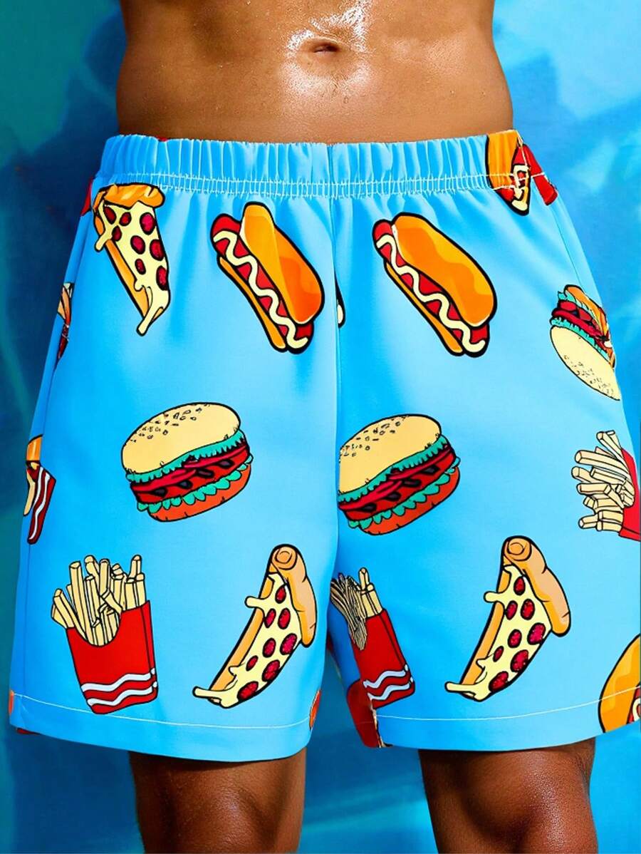 SHEIN Kids Tween Boy Casual Japanese And Korean Versatile Comfortable Hamburger Fries Print Pattern Woven Loose Shorts Swimming Trunks