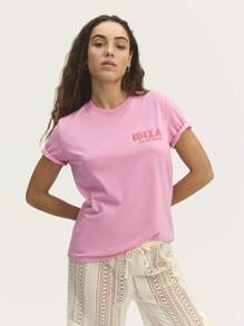 Nöista Camiseta rosa con diseño minimalista y letras sutiles, perfecta para un uso diario relajado, para capas o combinar con vaqueros para un look atemporal. - Rosa - Ver 4