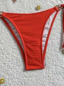 SHEIN Swim Women's Solid Color Red Textured Fabric Bikini 2 Pieces Swimsuit Set, Vacation & Party For Summer - Red - View 5
