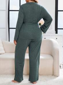 Pijama de talla grande para mujer con bata de mangas largas de unicolor con cinturón en la cintura, camiseta y pantalones