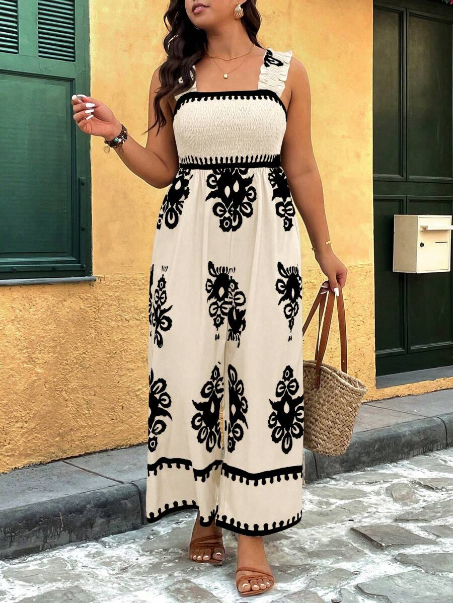 SHEIN Holidaya Plus Size Women Totem Print Elastic Strap Straight Leg Casual Loose Jumpsuit Romper - Multicolor - View 1