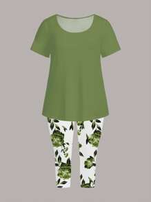 EMERY ROSE 2pcs Plus Size Women Green Round Neck Short Sleeve T-Shirt With Floral Print And Capri Pants Set, Suitable For Summer ,Flower/Vacation/Spring - Green - View 4