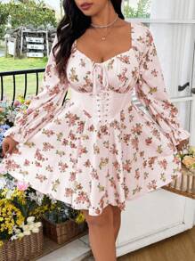 Flirla 大码女式花卉印花腰带长袖优雅连衣裙 - 珊瑚粉 - 查看 1