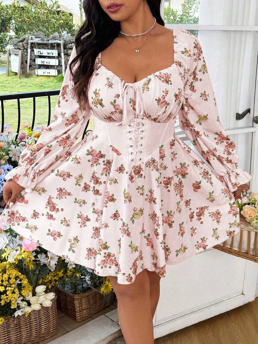 Flirla 大码女式花卉印花腰带长袖优雅连衣裙 - 珊瑚粉 - 查看 1