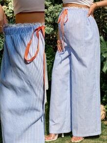 SHEIN Maternity Casual Striped Drawstring Waist Wide Leg Loose Pants - Blue and White - View 1