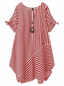 Linhara 大码女式优雅通勤休闲复古度假风格条纹花卉图案圆领条纹拼接结短袖 W 型下摆设计黑白连衣裙，春夏秋季 - 酒紅色 - 查看 1