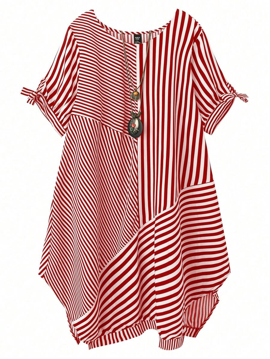 Linhara 大码女式优雅通勤休闲复古度假风格条纹花卉图案圆领条纹拼接结短袖 W 型下摆设计黑白连衣裙，春夏秋季 - 酒紅色 - 查看 1