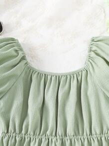 Women's Young Fashion Casual Sweet Style Square Neck Elastic Shoulder Design Ruffle Hem Elasticated Waist Loose Green Bubble Crinkle Short Sleeve Top