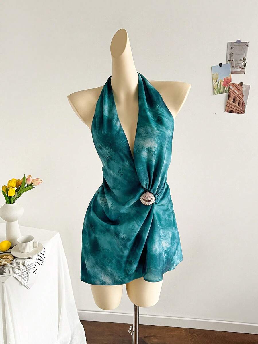 Soleia Đầm ngắn hở lưng xếp nếp cổ chữ V sâu phối nơ nhiều màu sắc cho kỳ nghỉ của phụ nữ - Nhiều màu - Xem 1