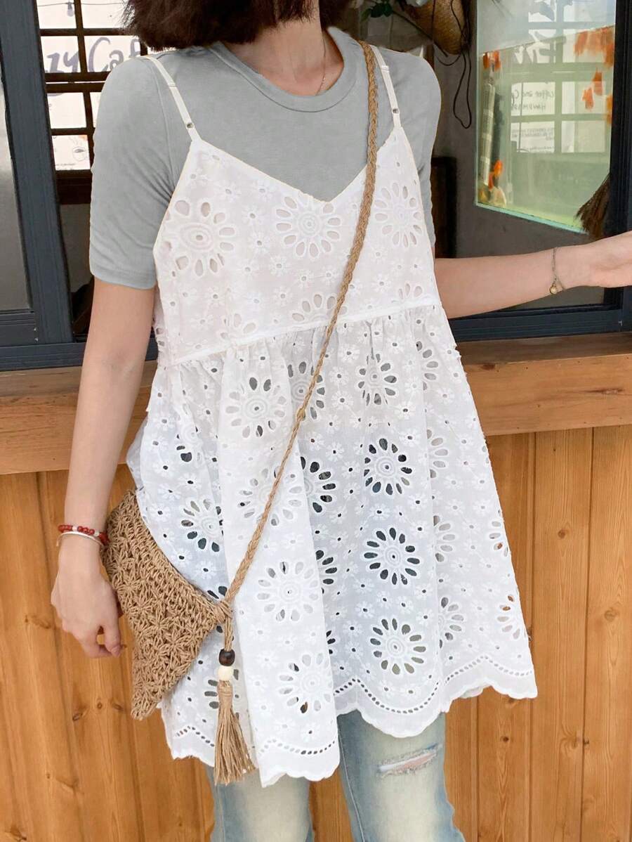 FRIFUL 女式白色 A 字镂空无袖吊带背心，波西米亚乡村风格，夏季娃娃装上衣