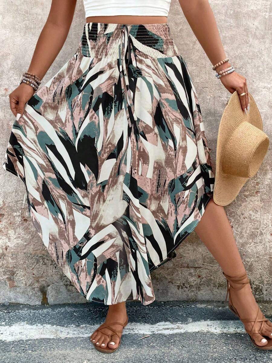 SHEIN Clasi Plus Size Women All-Over Print Drawstring Asymmetric Hem Vacation Print Midi Skirt Fall Cloth For Women - Multicolor - View 1
