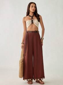 Florisole 亚麻度假风格腰带装饰休闲高腰松紧腰带拼布裤