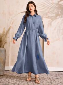 Al Najma Conjunto de vestido largo de unicolor y chaleco con estampado geométrico para mujer, modesto