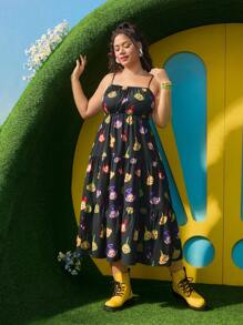 Teletubbies X SHEIN Plus Size Women Cartoon Pattern Ruffle Hem Spaghetti Strap Dress, Suitable For Summer Festival/Holiday/Country Music Concert/Beach - Black - View 5