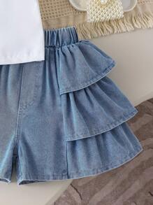 Sparklyn 2 件女童 3D 牛仔蝴蝶结盖袖 T 恤和宽松荷叶边下摆牛仔短裤套装，春夏 - 白色 - 查看 5