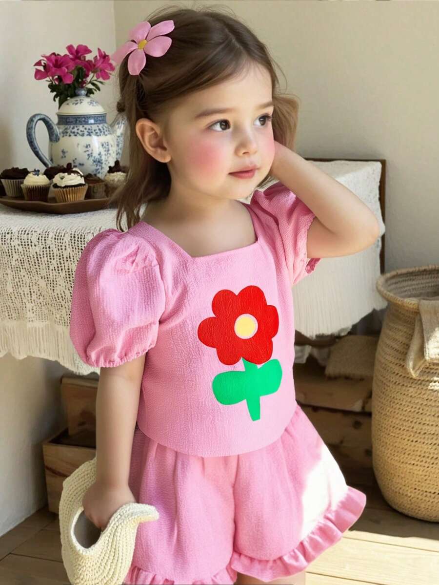 Conjunto de roupa de verão simples para bebê menina, estampa floral, gola quadrada, manga bufante, top e shorts com babados - Rosa - Ver 1