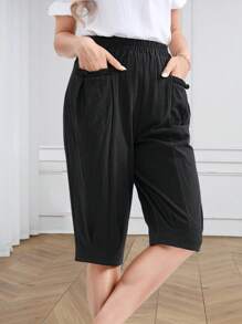 Miaspire Pantalones de verano/primavera casuales de largo medio para mujeres, con bolsillos con decoración de botones en tela negra, acortados