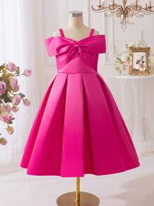 SHEIN Glamorique Kids 青少年女孩优雅纯色蝴蝶结装饰露肩连衣裙 - 玫紅色 - 查看 1