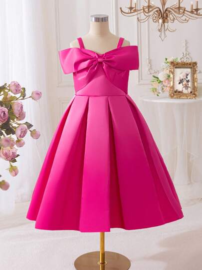 SHEIN Glamorique Kids Tween Girls' Elegant Solid Color Bowknot Decor Off Shoulder Dress
