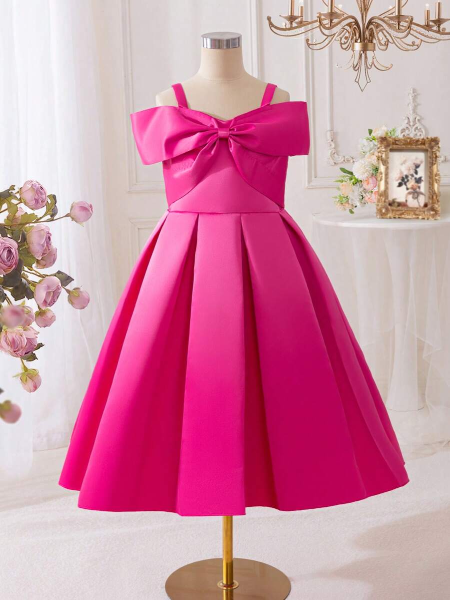 SHEIN Glamorique Kids 青少年女孩优雅纯色蝴蝶结装饰露肩连衣裙 - 玫紅色 - 查看 1