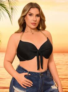 Swim Lushoire Plus Size Vacation Beach Chain Back Halter Swimsuit Top - Black - View 5