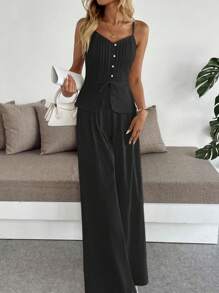 Breezaya Conjunto de 2 peças de camisola slim casual de linho branco e calças de perna larga - Preto - Ver 4