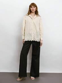 Maija Elegant Women's Apricot Long Blouse With Delicate Floral Eyelet Embroidery, Woven Fabric, Long Sleeves, Collared Neckline, And A Relaxed Casual Fit