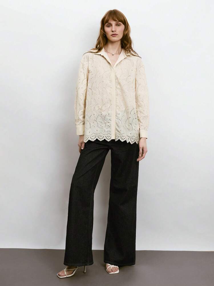 SHEIN Maija 女性のカジュアルな無地の空き目刺繍ブラウス