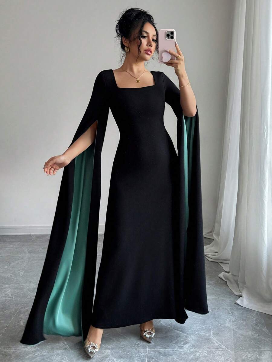 SHEIN Unity 优雅合身长裙,撞色袖子和侧开衩 - 黑色 - 查看 1