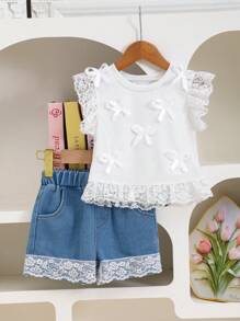 1 Set Baby Girls Cute Casual Style White Vest Top With Bowknot Decor, Patchwork Denim Shorts With Lace Trim, Fashionable For Spring, Summer, Autumn - White - View 3