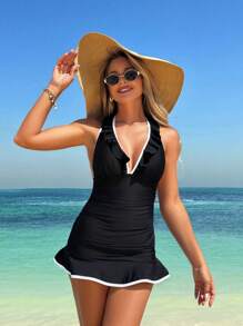 Swim Lushoire 女式露背系带比基尼套装，深 V 领，带飘边，褶皱腰线，修身可爱短款沙滩裙泳衣 - 黑色 - 查看 4