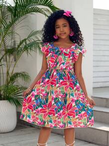 Tween Girls Tropical Print Cami Strap Ruffle Hem Dress, Summer Bestselling Floral Pattern, Sweet Holiday Style, Must-Have Princess Vacation Outfit!