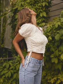 Aralina Cute Puff Sleeve Button Front Corset Summer Side Tie Top