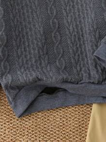 SHEIN 2 件/套年轻男孩休闲纯色燕麦色粗针织长袖圆领上衣和宽松工装裤，适合秋季、春季、万圣节派对的 4-7 岁男孩。橄榄绿色裤子上的粗针织面料和侧袋设计使套装温暖、舒适、百搭，适合外出、上学、聚会和休闲 - 深灰色 - 查看 5