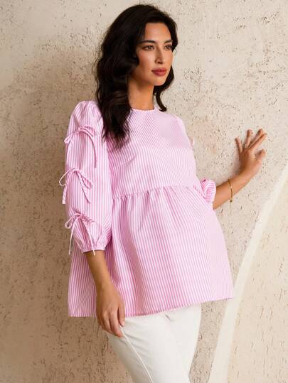 MaterniWear Annelik İş KıyafetleriHamile Kadınlar Yazlık Rahat Çizgili Fiyonk Bluz