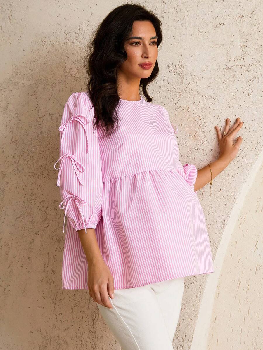 MaterniWear 孕妇夏季休闲条纹蝴蝶结衬衫 - 粉色 - 查看 1