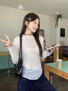 DAZY Plus Size Women's Casual Korean Style Polka Dot Long Sleeve T-Shirt, Summer Preppy Tops,Fall Women Clothes