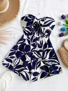 Soleia Women's Vacation Blue & White Printed Bandeau Jumpsuit With Twist Front, Loose Wide Leg Shorts, Suitable For Spring/Summer Beach, Cruise, Party, Date - Blue and White - View 3