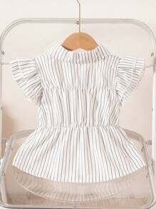 Girls 2025 Summer New Korean Style Girls Blue Striped Short-Sleeved Three-Dimensional Bow Fashionable French Shirt